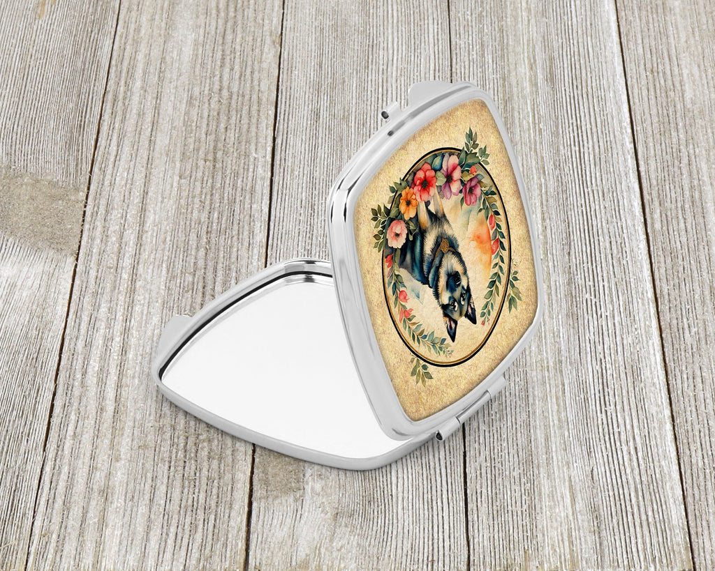 Norwegian Elkhound and Flowers Compact Mirror Decorative Travel Makeup Mirror for Women Girls Gifts Pocket Makeup Mirror Folding Handheld