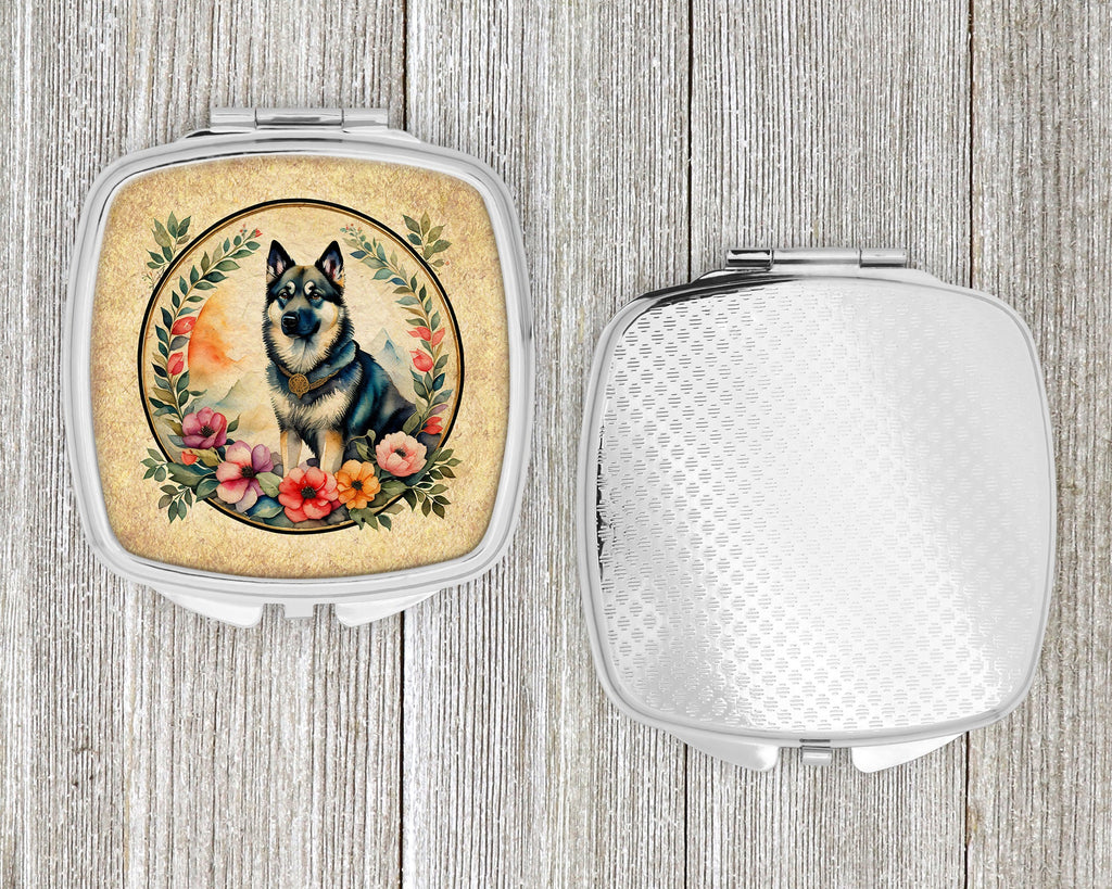 Norwegian Elkhound and Flowers Compact Mirror Decorative Travel Makeup Mirror for Women Girls Gifts Pocket Makeup Mirror Folding Handheld