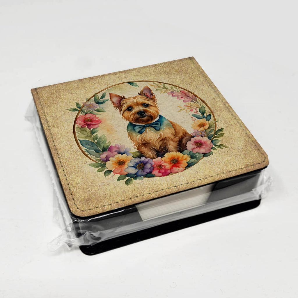 Norwich Terrier and Flowers PU Leather Note Paper Holder with Artist-Designed Cover, Desk Accessory, Office Gift