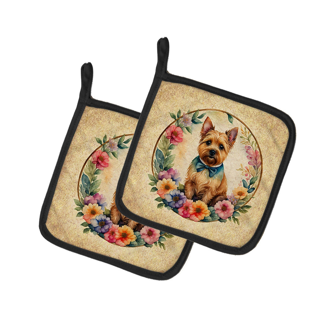 Norwich Terrier and Flowers Pot Holder Set of 2 Heat Resistant Quilted Hot Pads 7.5 x 7.5 Inch, Insulated Kitchen Trivets for Cooking & Baking