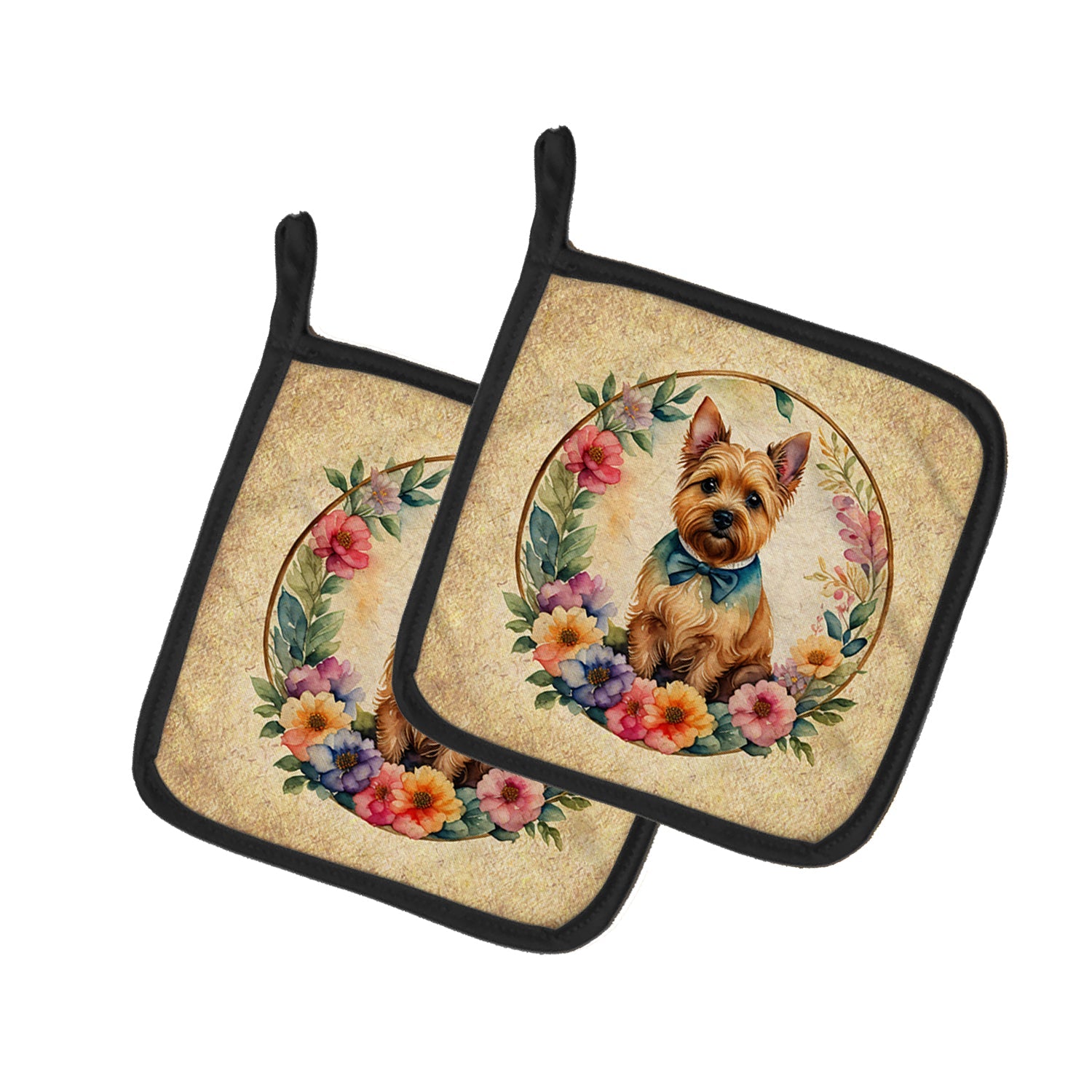 Norwich Terrier and Flowers Pot Holder Set of 2 Heat Resistant Quilted Hot Pads 7.5 x 7.5 Inch, Insulated Kitchen Trivets for Cooking & Baking