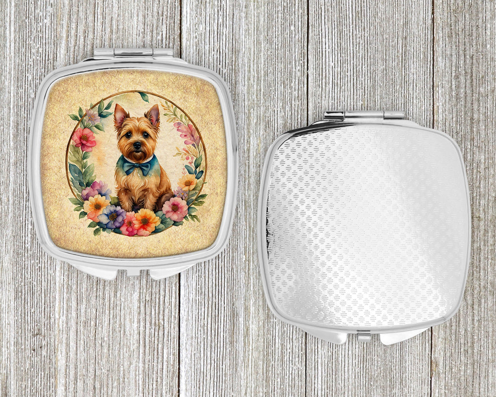 Norwich Terrier and Flowers Compact Mirror Decorative Travel Makeup Mirror for Women Girls Gifts Pocket Makeup Mirror Folding Handheld