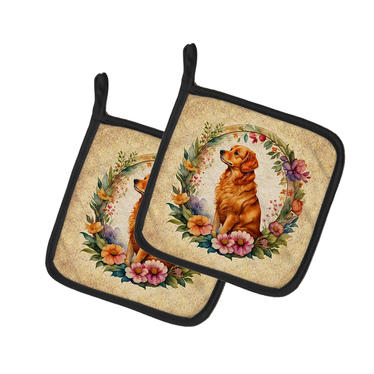 Nova Scotia Duck Tolling Retriever and Flowers Pot Holder Set of 2 Heat Resistant Quilted Hot Pads 7.5 x 7.5 Inch, Insulated Kitchen Trivets for Cooking & Baking