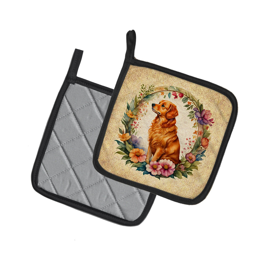 Nova Scotia Duck Tolling Retriever and Flowers Pot Holder Set of 2 Heat Resistant Quilted Hot Pads 7.5 x 7.5 Inch, Insulated Kitchen Trivets for Cooking & Baking