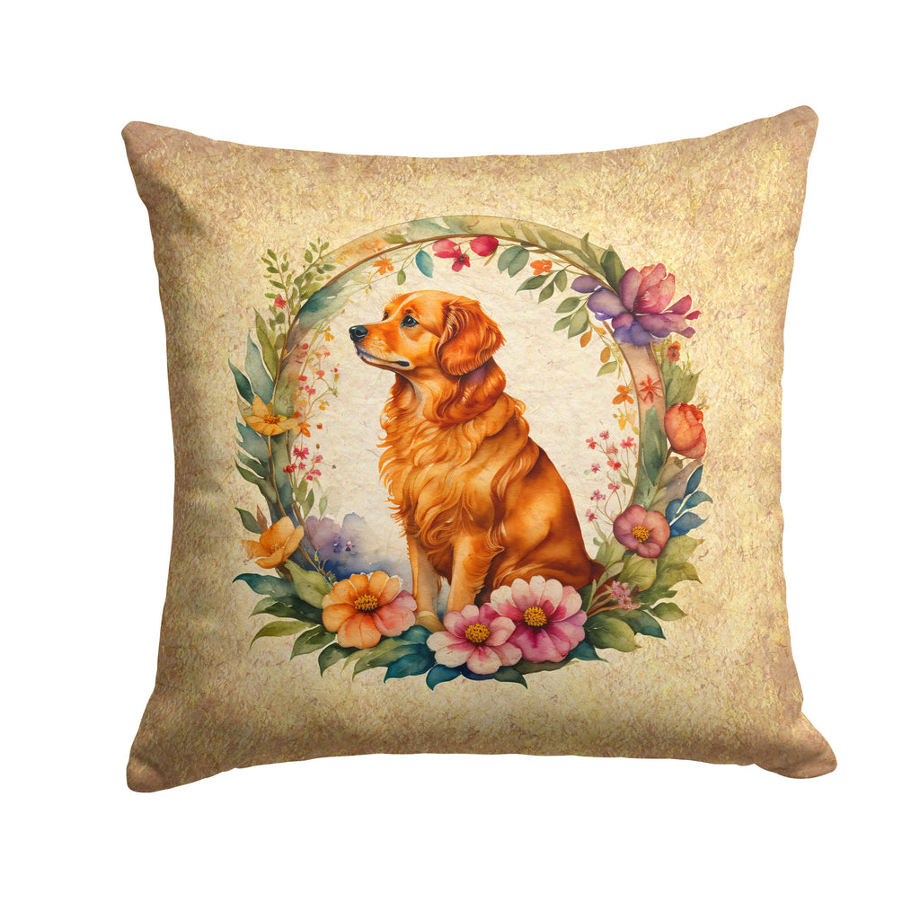 Nova Scotia Duck Tolling Retriever and Flowers Decorative Throw Pillow 14x14 Indoor Outdoor Accent Cushion, Fabric Cover with Insert for Sofa, Bed, Porch & Living Room