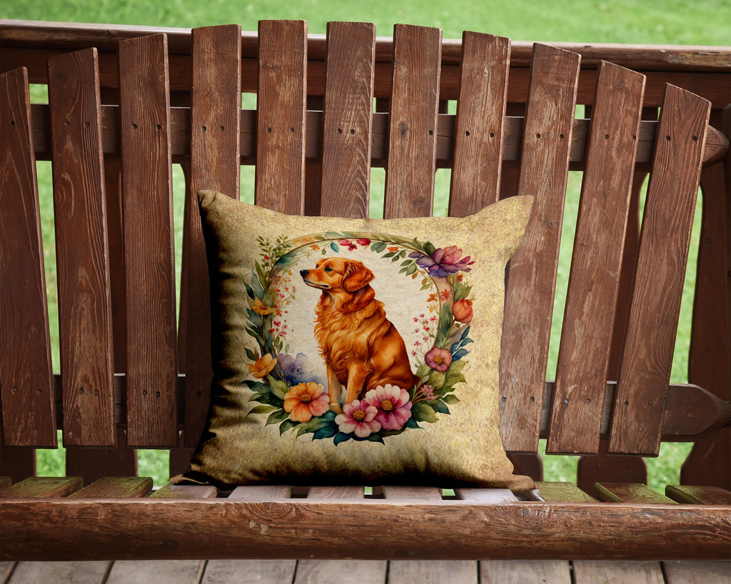 Nova Scotia Duck Tolling Retriever and Flowers Decorative Throw Pillow 14x14 Indoor Outdoor Accent Cushion, Fabric Cover with Insert for Sofa, Bed, Porch & Living Room