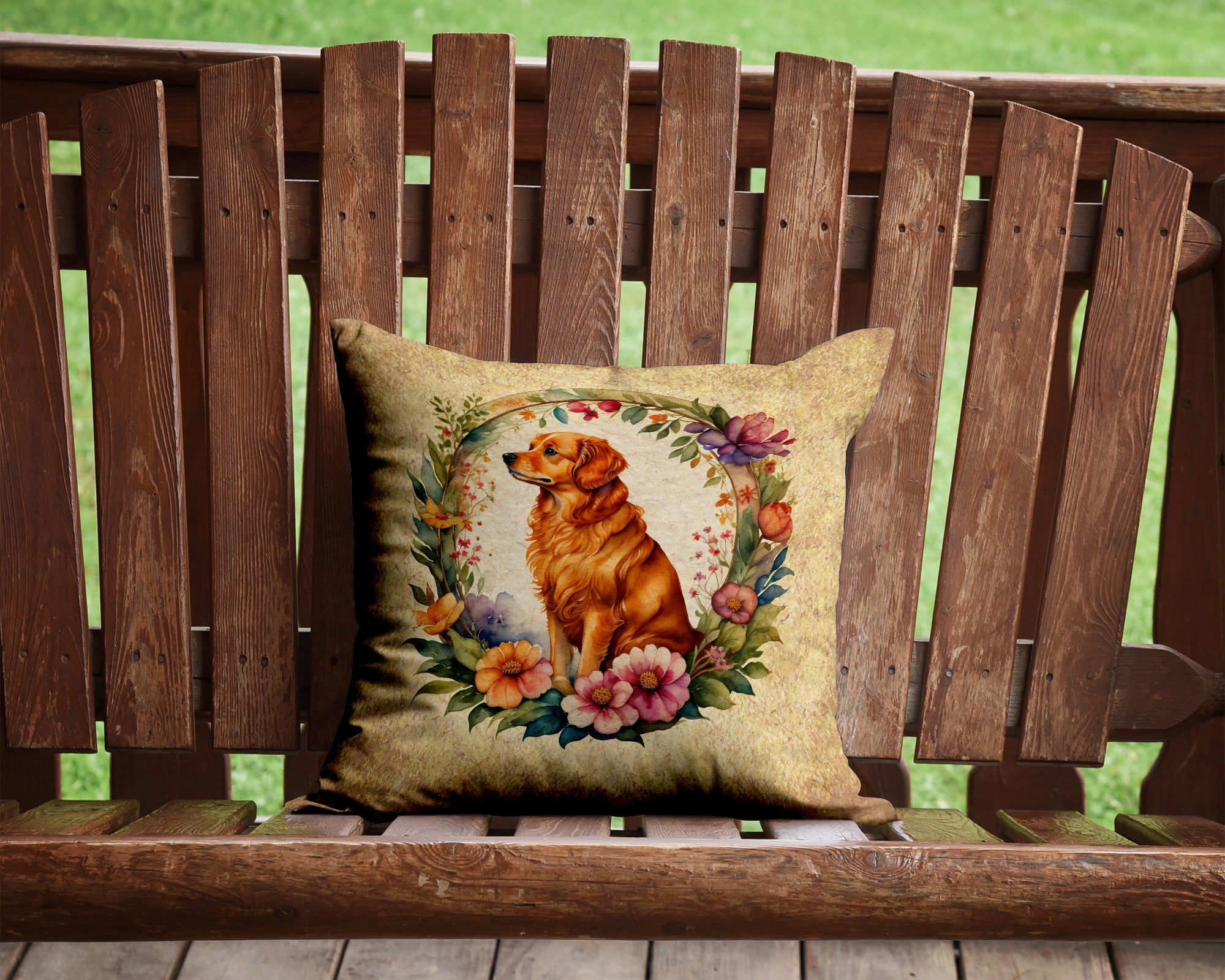 Nova Scotia Duck Tolling Retriever and Flowers Decorative Throw Pillow 14x14 Indoor Outdoor Accent Cushion, Fabric Cover with Insert for Sofa, Bed, Porch & Living Room