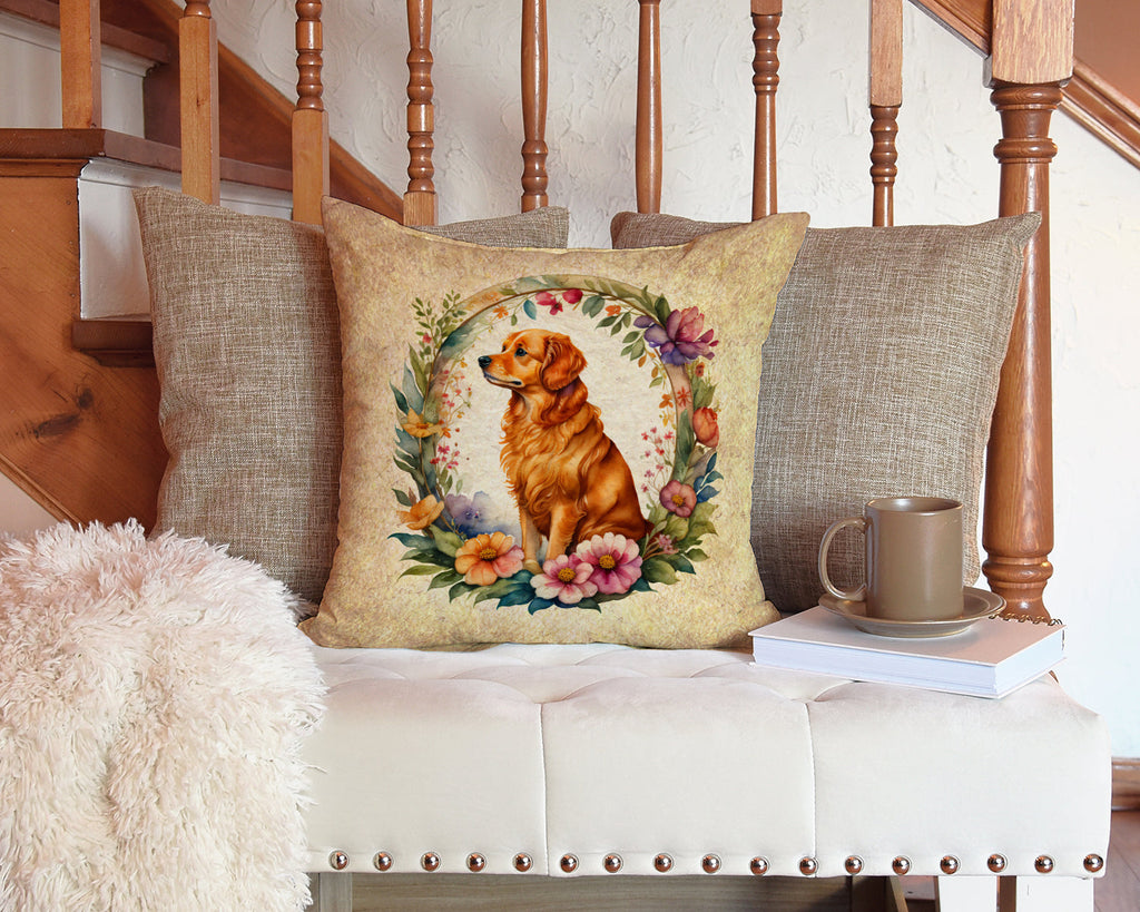Nova Scotia Duck Tolling Retriever and Flowers Decorative Throw Pillow 14x14 Indoor Outdoor Accent Cushion, Fabric Cover with Insert for Sofa, Bed, Porch & Living Room