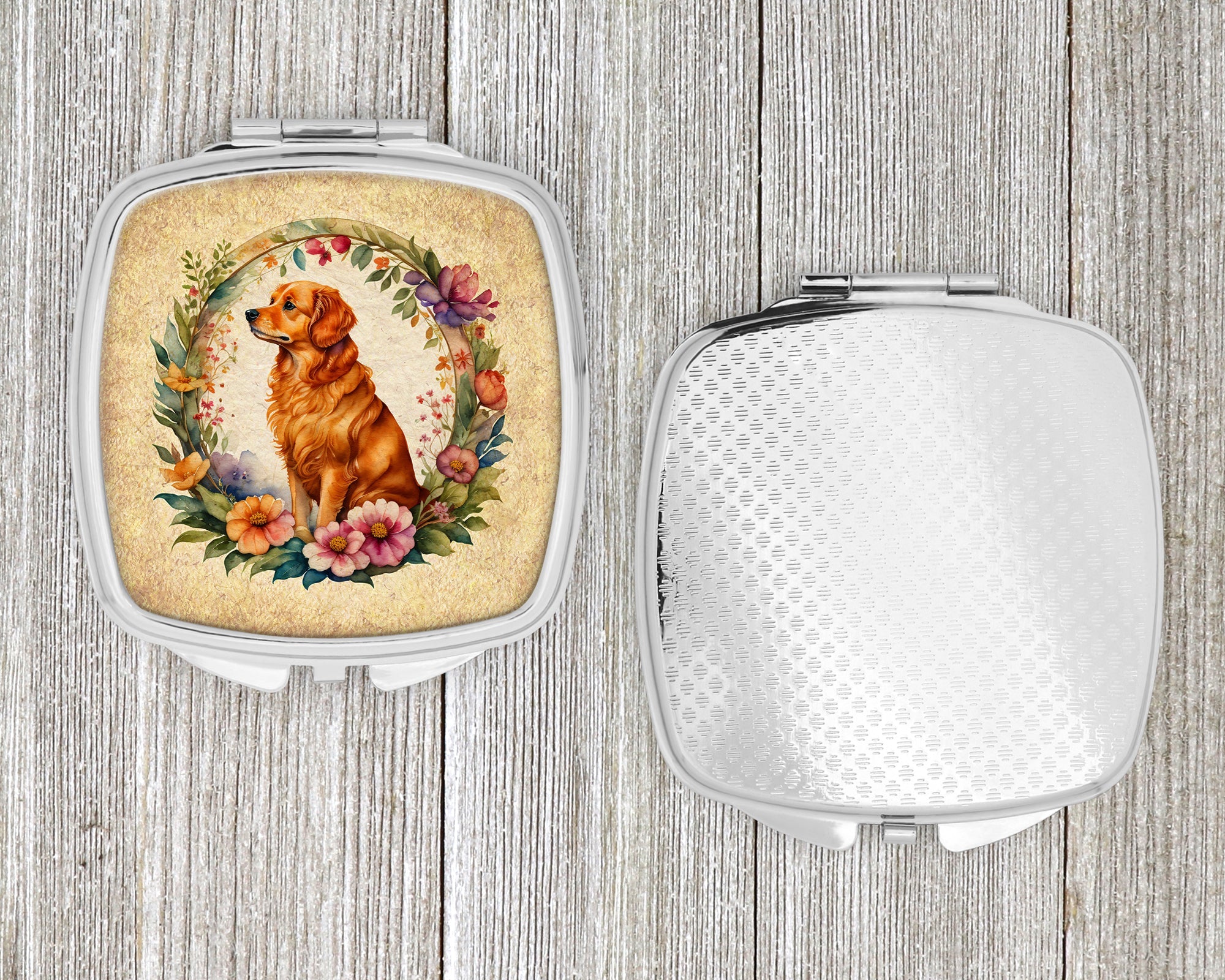 Nova Scotia Duck Tolling Retriever and Flowers Compact Mirror Decorative Travel Makeup Mirror for Women Girls Gifts Pocket Makeup Mirror Folding Handheld