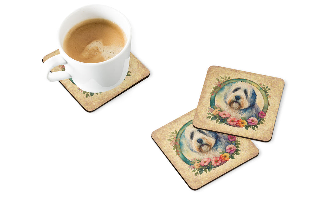 Old English Sheepdog and Flowers Foam Coasters Set of 4 Cup Coasters for Indoor Outdoor, Tabletop Protection, Anti Slip, Mouse pad Material
