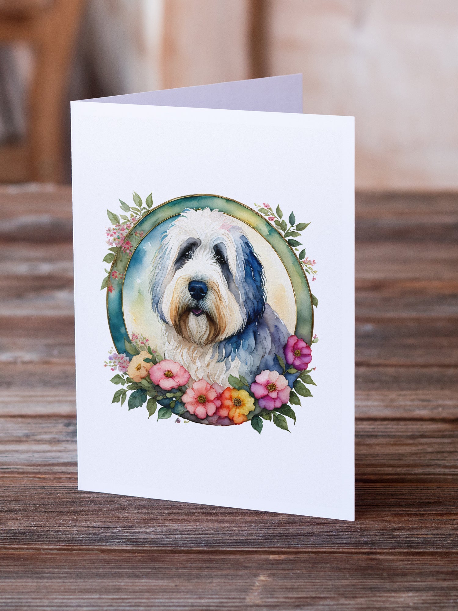 Old English Sheepdog and Flowers Greeting Cards Pack of 8 Blank Cards with Envelopes Whimsical A7 Size 5x7