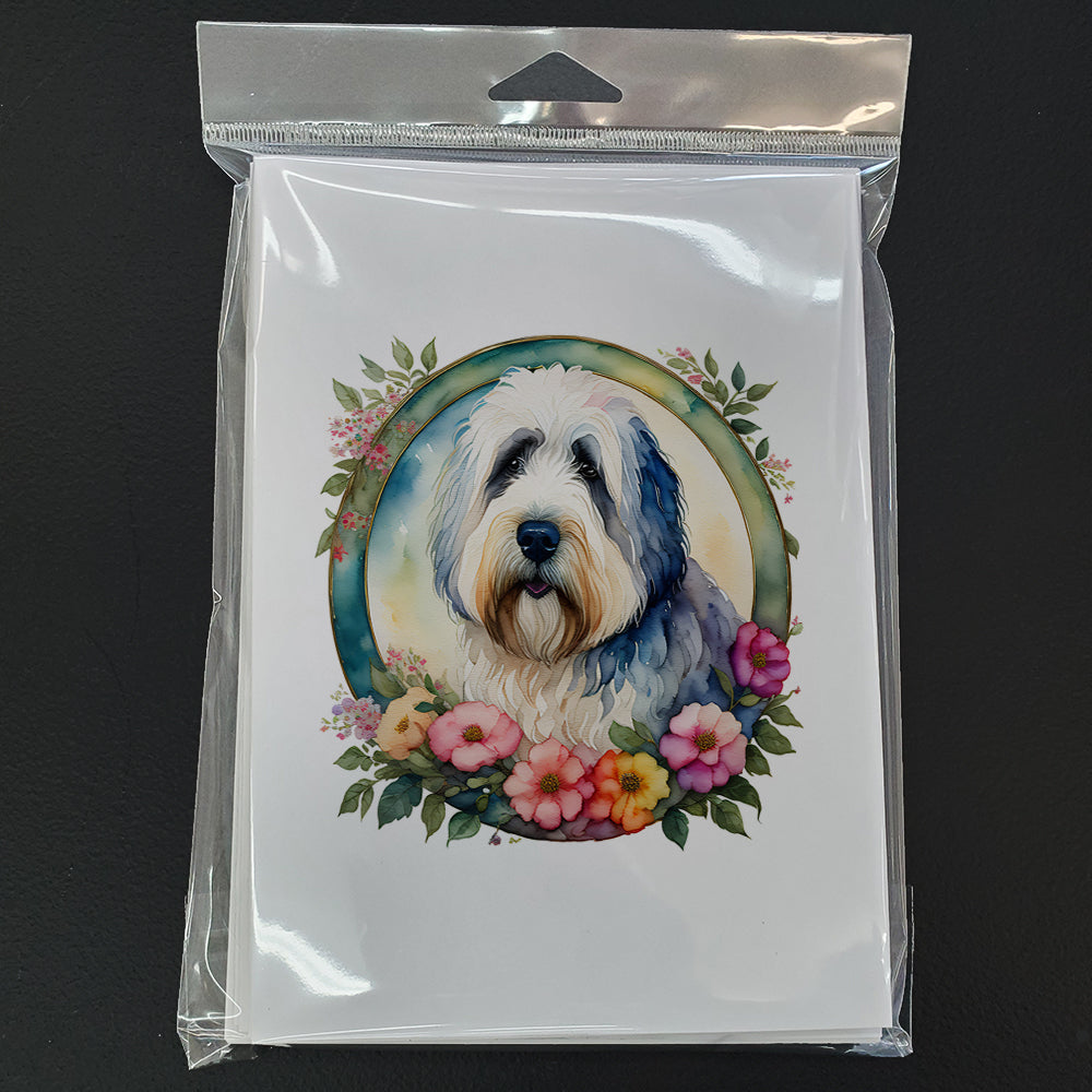 Old English Sheepdog and Flowers Greeting Cards Pack of 8 Blank Cards with Envelopes Whimsical A7 Size 5x7