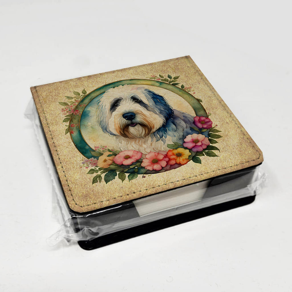 Old English Sheepdog and Flowers PU Leather Note Paper Holder with Artist-Designed Cover, Desk Accessory, Office Gift