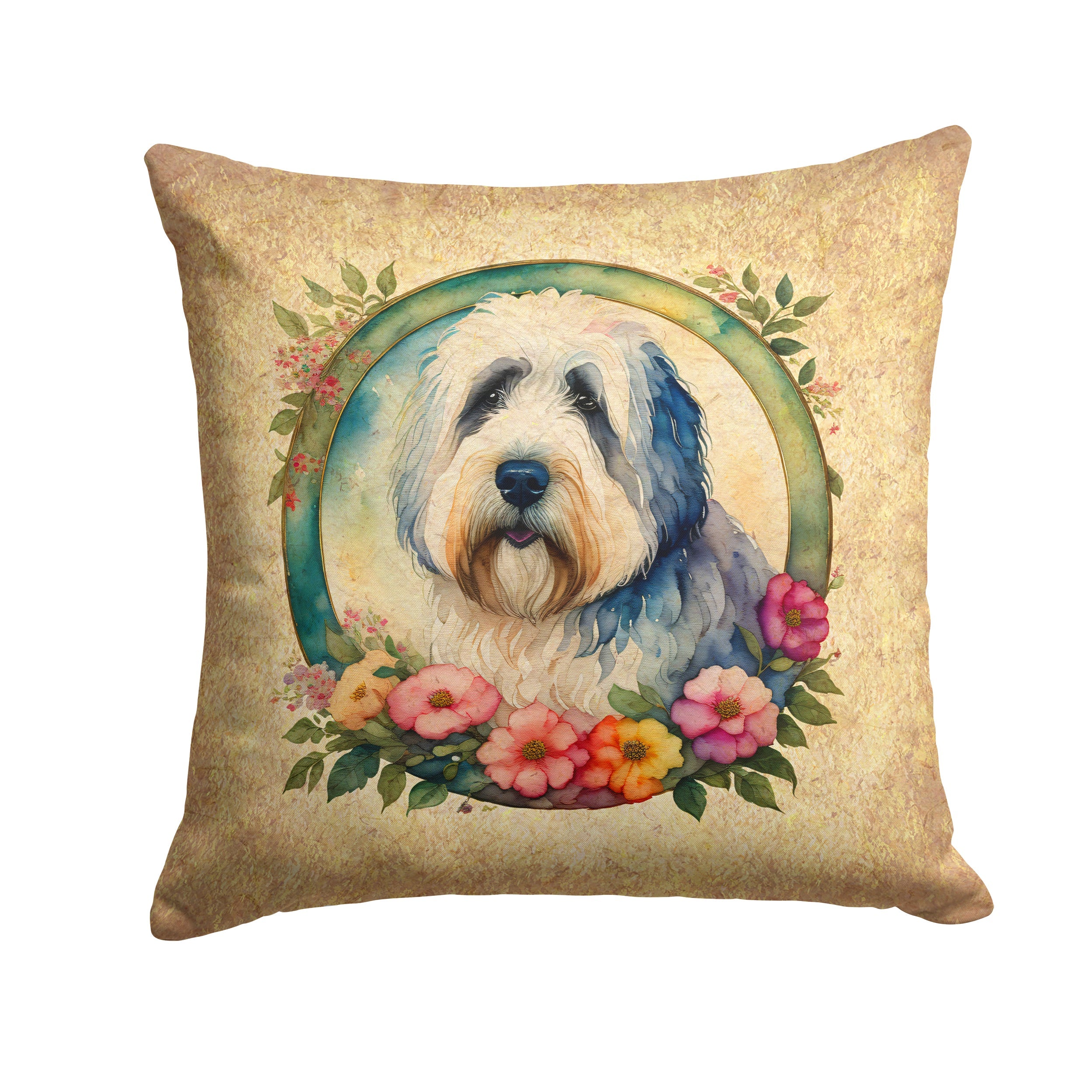 Old English Sheepdog and Flowers Decorative Throw Pillow 14x14 Indoor Outdoor Accent Cushion, Fabric Cover with Insert for Sofa, Bed, Porch & Living Room