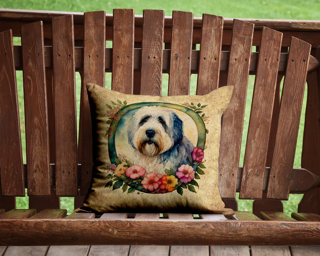 Old English Sheepdog and Flowers Decorative Throw Pillow 14x14 Indoor Outdoor Accent Cushion, Fabric Cover with Insert for Sofa, Bed, Porch & Living Room