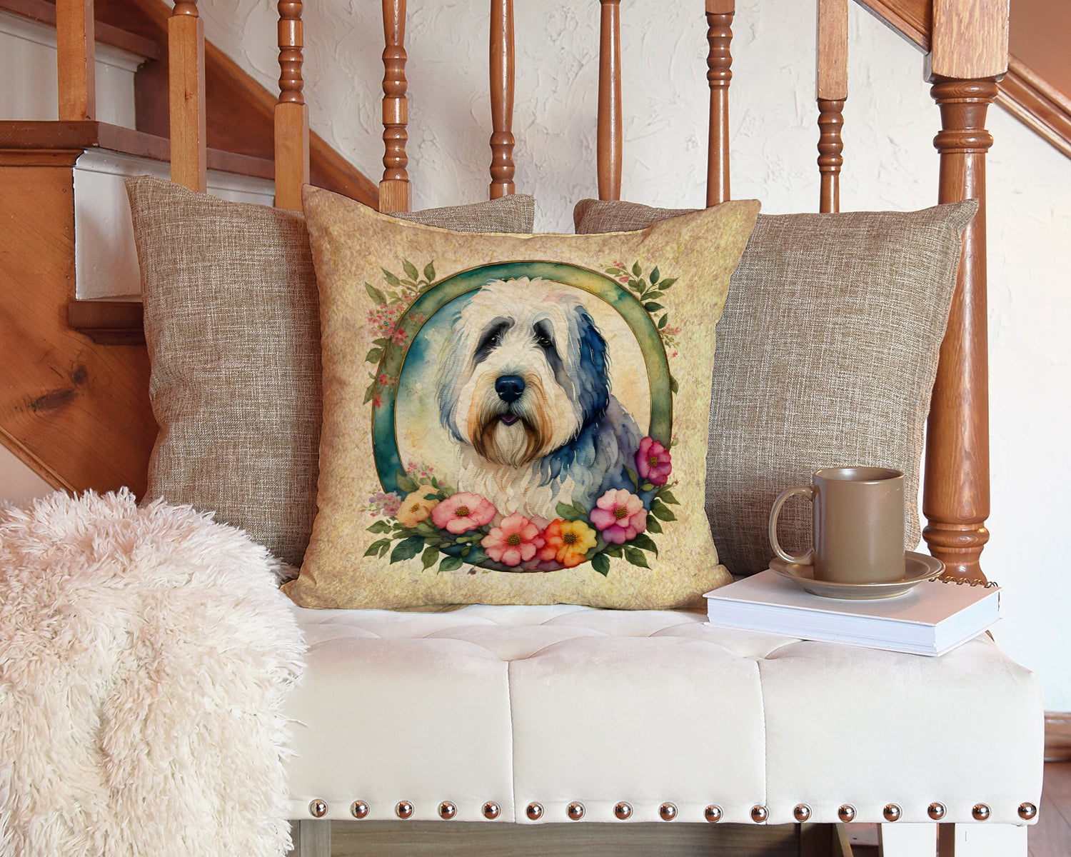 Old English Sheepdog and Flowers Decorative Throw Pillow 14x14 Indoor Outdoor Accent Cushion, Fabric Cover with Insert for Sofa, Bed, Porch & Living Room