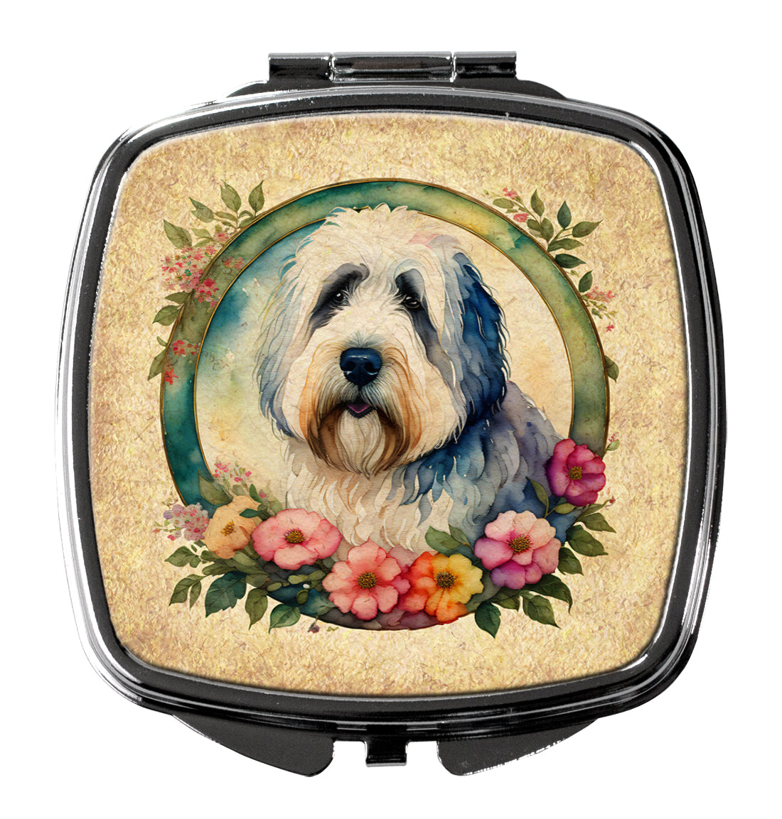 Old English Sheepdog and Flowers Compact Mirror Decorative Travel Makeup Mirror for Women Girls Gifts Pocket Makeup Mirror Folding Handheld
