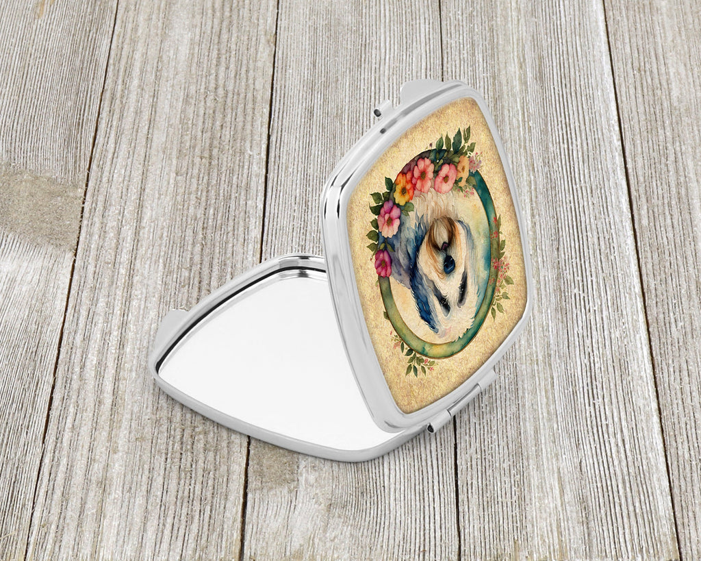 Old English Sheepdog and Flowers Compact Mirror Decorative Travel Makeup Mirror for Women Girls Gifts Pocket Makeup Mirror Folding Handheld
