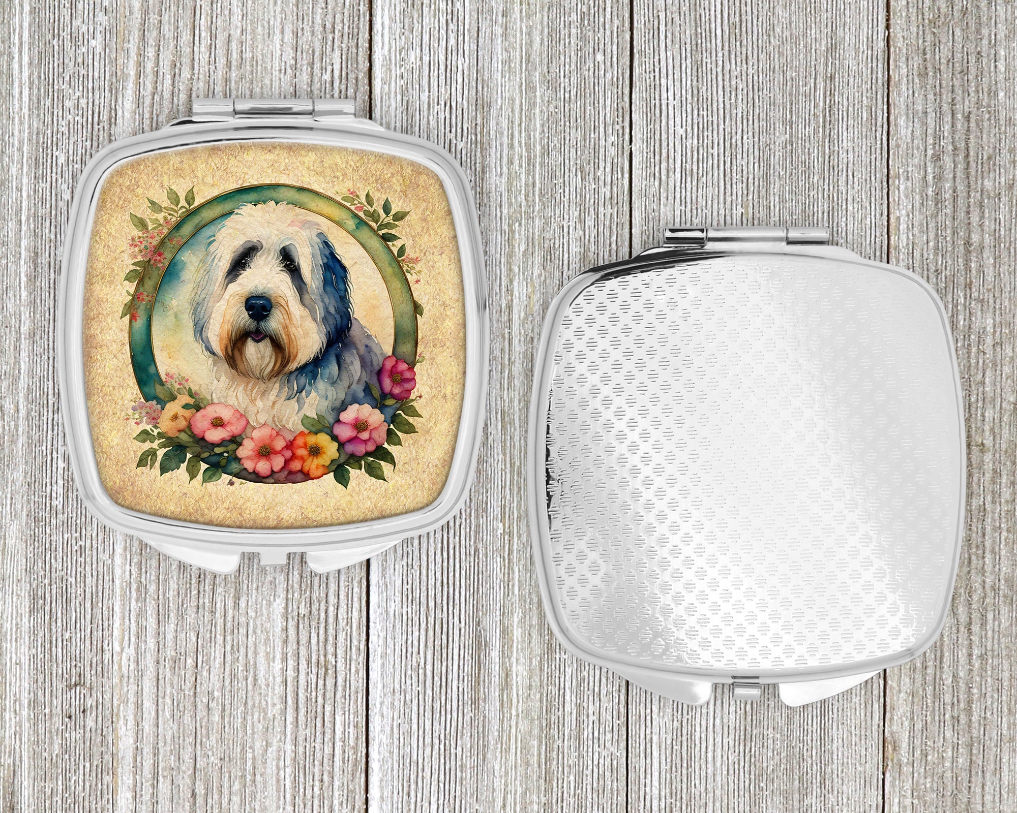 Old English Sheepdog and Flowers Compact Mirror Decorative Travel Makeup Mirror for Women Girls Gifts Pocket Makeup Mirror Folding Handheld