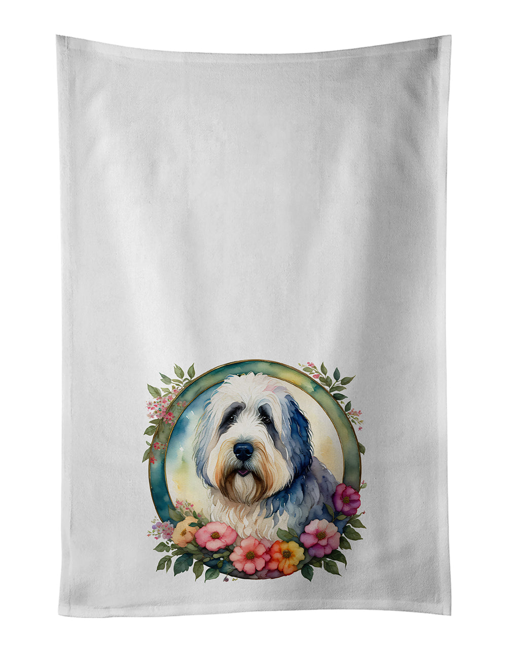 Old English Sheepdog and Flowers Kitchen Towel Set of 2 White Dish Towels Decorative Bathroom Hand towel for Hand, Face, Hair, Yoga, Tea, Dishcloth, 19 X 28", White