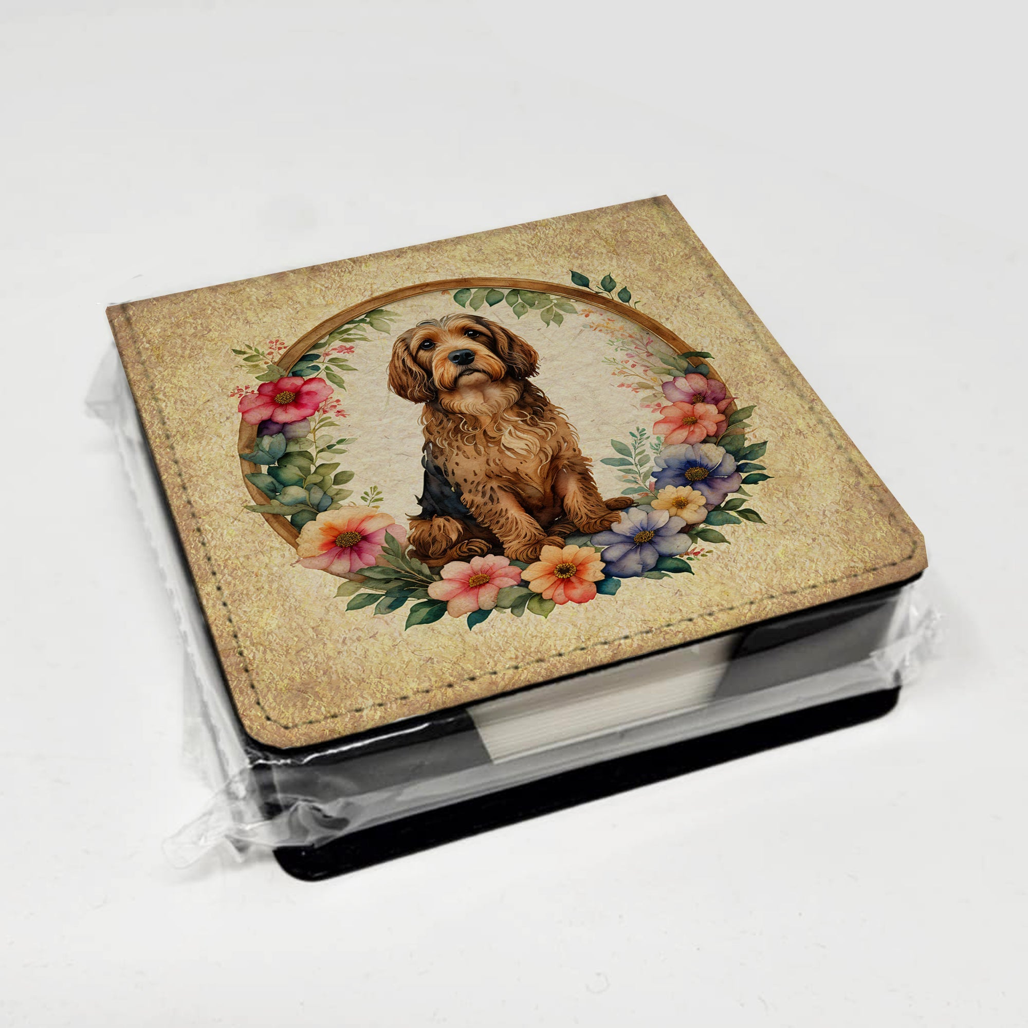 Otterhound and Flowers PU Leather Note Paper Holder with Artist-Designed Cover, Desk Accessory, Office Gift