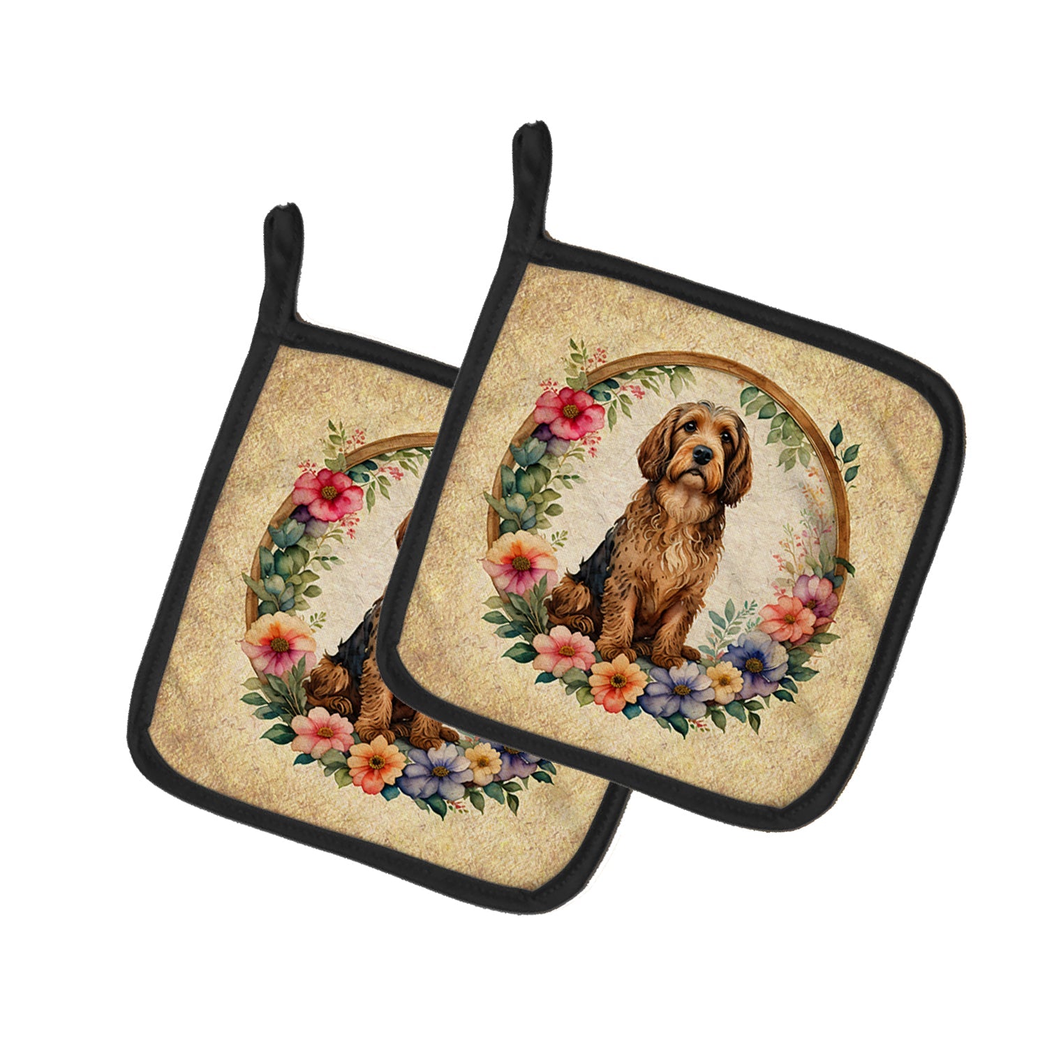 Otterhound and Flowers Pot Holder Set of 2 Heat Resistant Quilted Hot Pads 7.5 x 7.5 Inch, Insulated Kitchen Trivets for Cooking & Baking