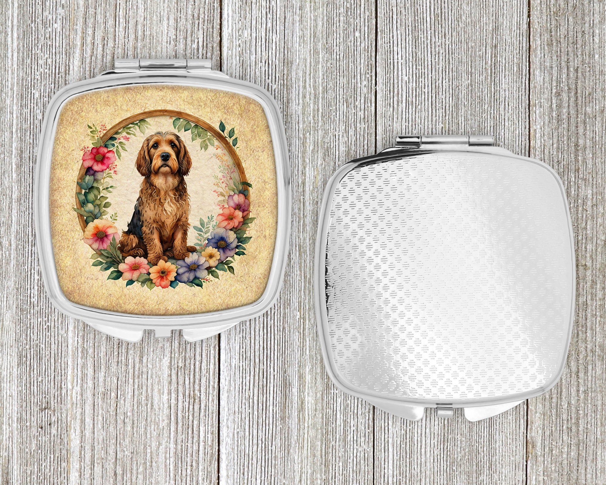 Otterhound and Flowers Compact Mirror Decorative Travel Makeup Mirror for Women Girls Gifts Pocket Makeup Mirror Folding Handheld