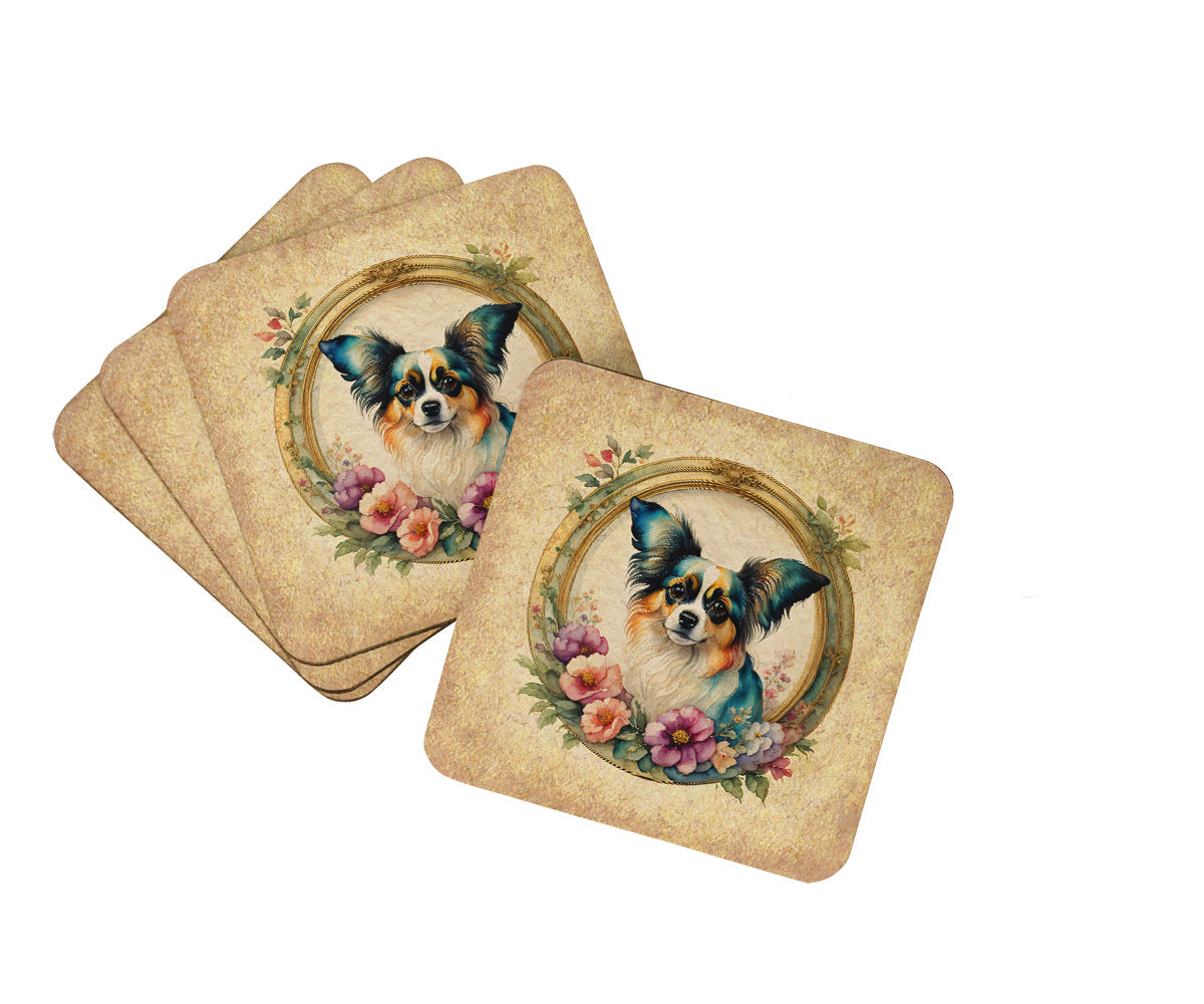 Papillon and Flowers Foam Coasters Set of 4 Cup Coasters for Indoor Outdoor, Tabletop Protection, Anti Slip, Mouse pad Material