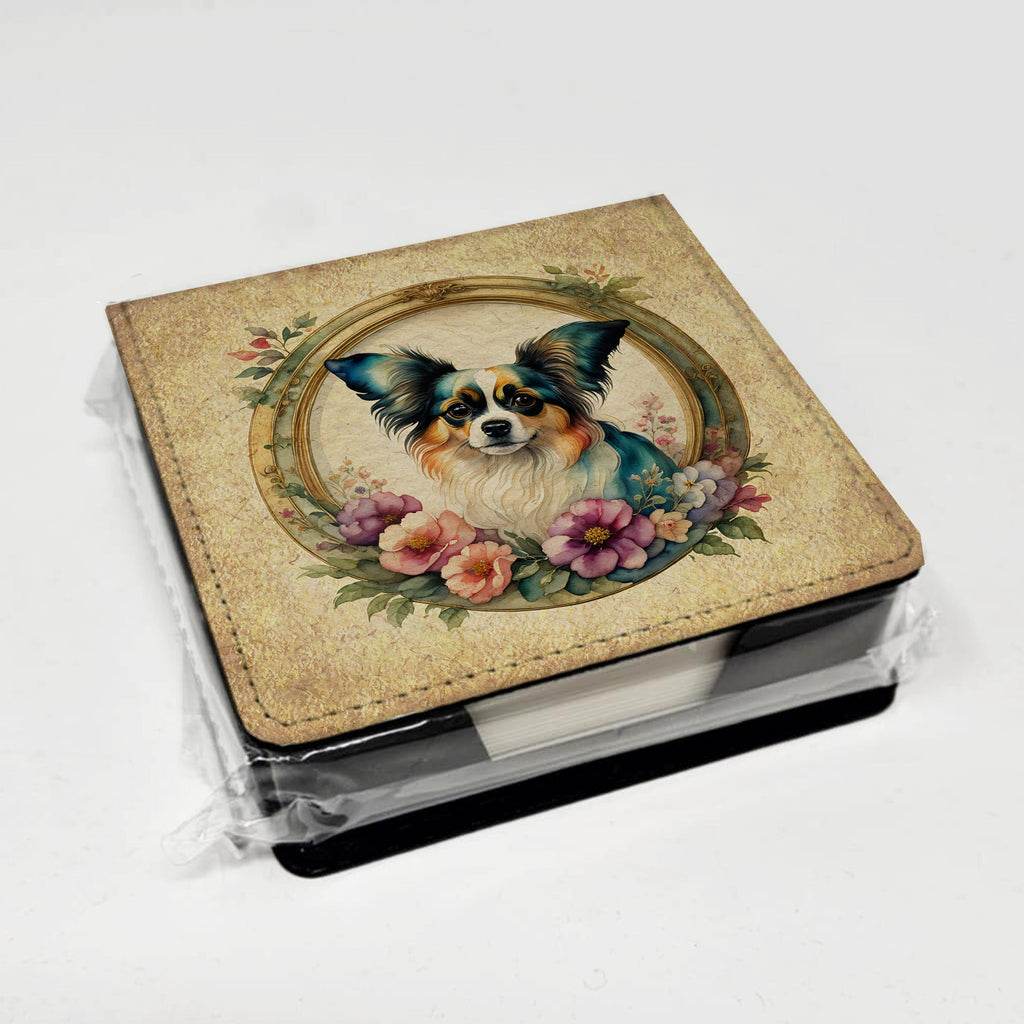 Papillon and Flowers PU Leather Note Paper Holder with Artist-Designed Cover, Desk Accessory, Office Gift