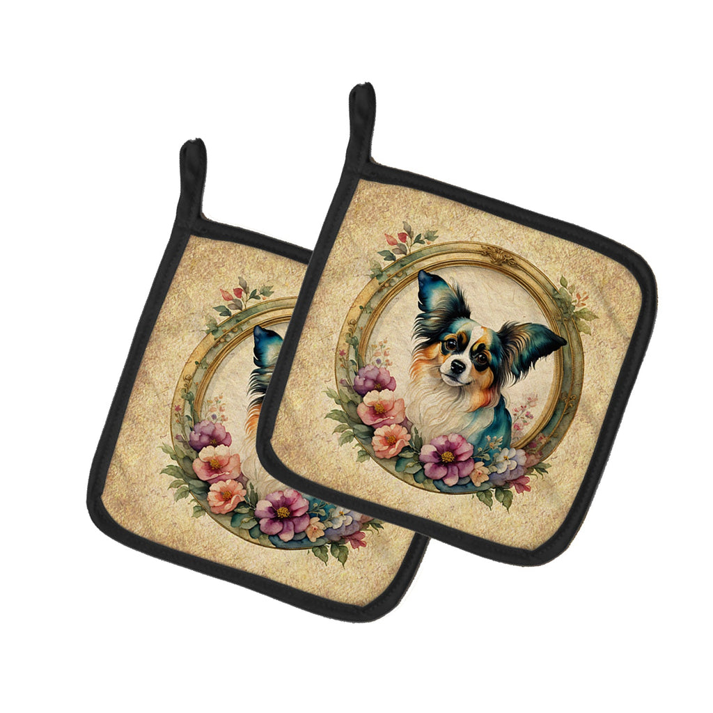 Papillon and Flowers Pot Holder Set of 2 Heat Resistant Quilted Hot Pads 7.5 x 7.5 Inch, Insulated Kitchen Trivets for Cooking & Baking