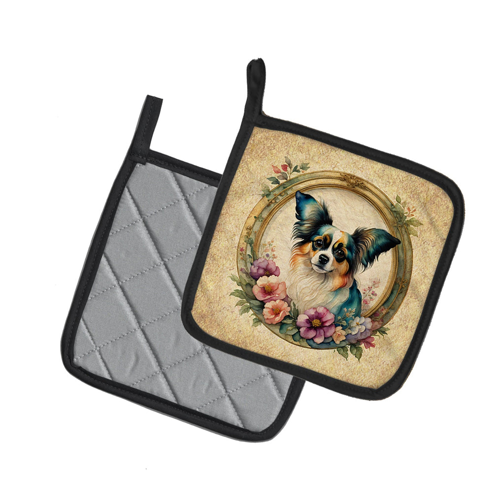 Papillon and Flowers Pot Holder Set of 2 Heat Resistant Quilted Hot Pads 7.5 x 7.5 Inch, Insulated Kitchen Trivets for Cooking & Baking