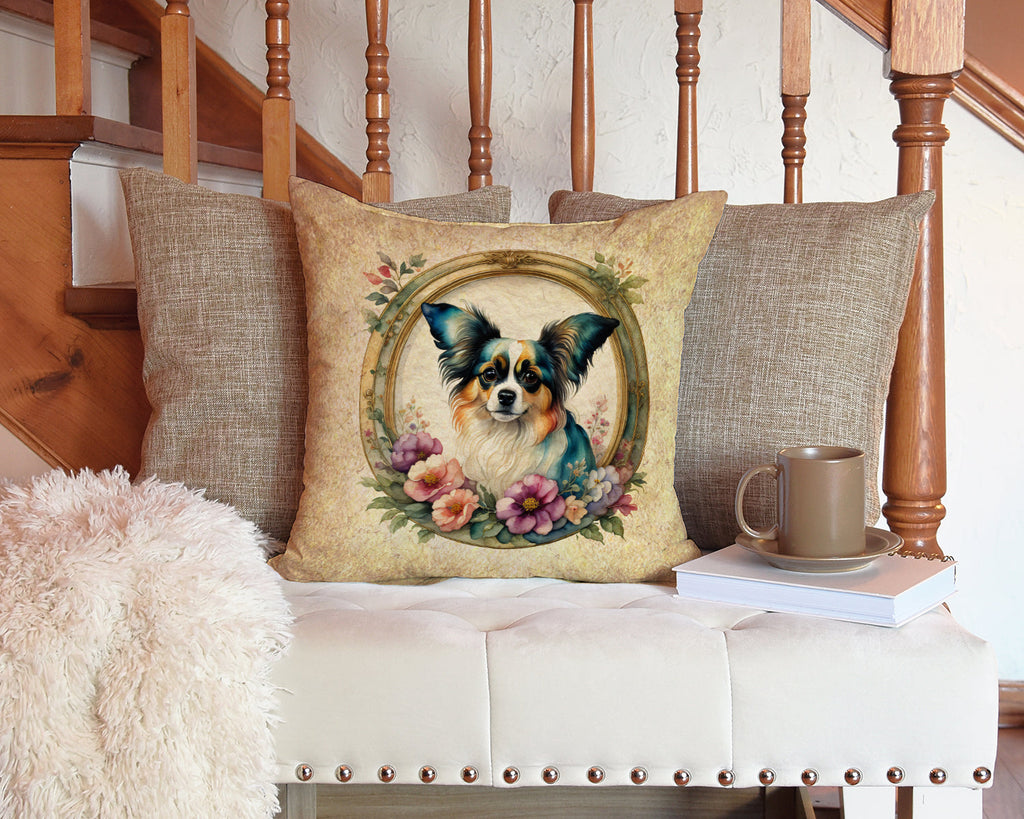Papillon and Flowers Decorative Throw Pillow 14x14 Indoor Outdoor Accent Cushion, Fabric Cover with Insert for Sofa, Bed, Porch & Living Room