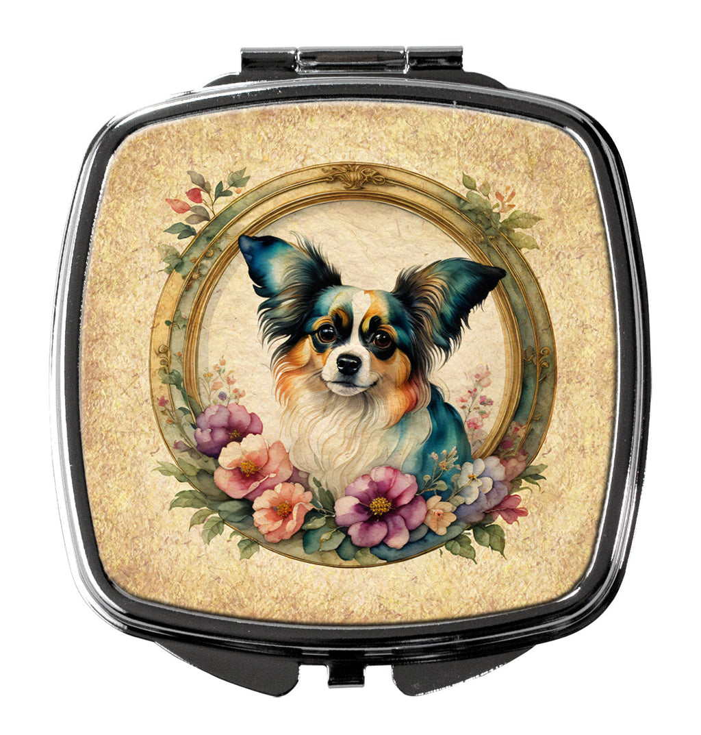 Papillon and Flowers Compact Mirror Decorative Travel Makeup Mirror for Women Girls Gifts Pocket Makeup Mirror Folding Handheld