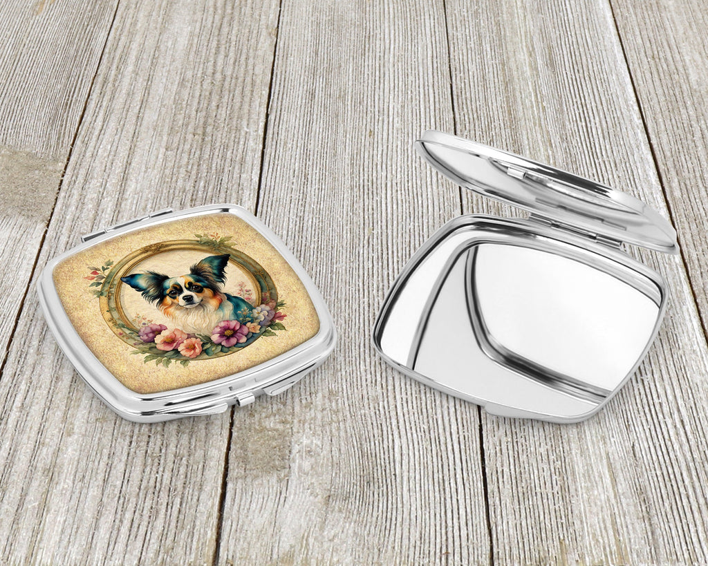 Papillon and Flowers Compact Mirror Decorative Travel Makeup Mirror for Women Girls Gifts Pocket Makeup Mirror Folding Handheld