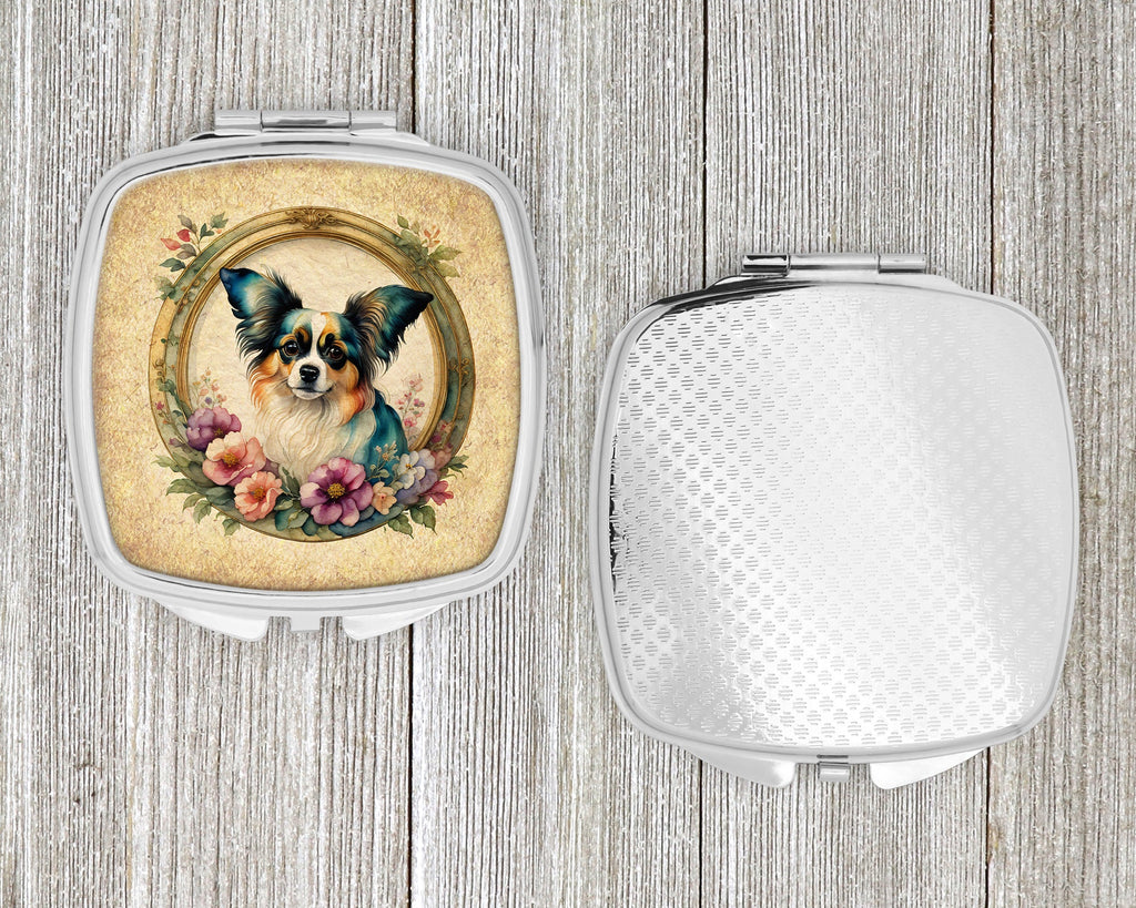 Papillon and Flowers Compact Mirror Decorative Travel Makeup Mirror for Women Girls Gifts Pocket Makeup Mirror Folding Handheld