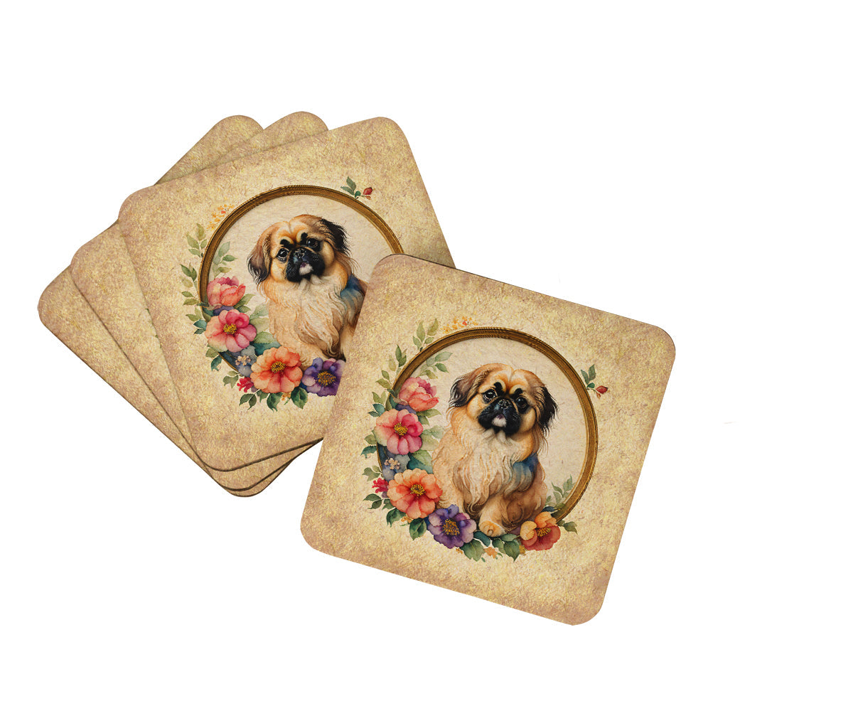 Pekingese and Flowers Foam Coasters Set of 4 Cup Coasters for Indoor Outdoor, Tabletop Protection, Anti Slip, Mouse pad Material