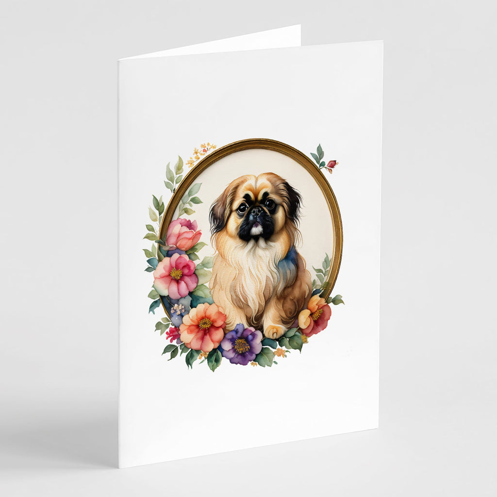 Pekingese and Flowers Greeting Cards Pack of 8 Blank Cards with Envelopes Whimsical A7 Size 5x7