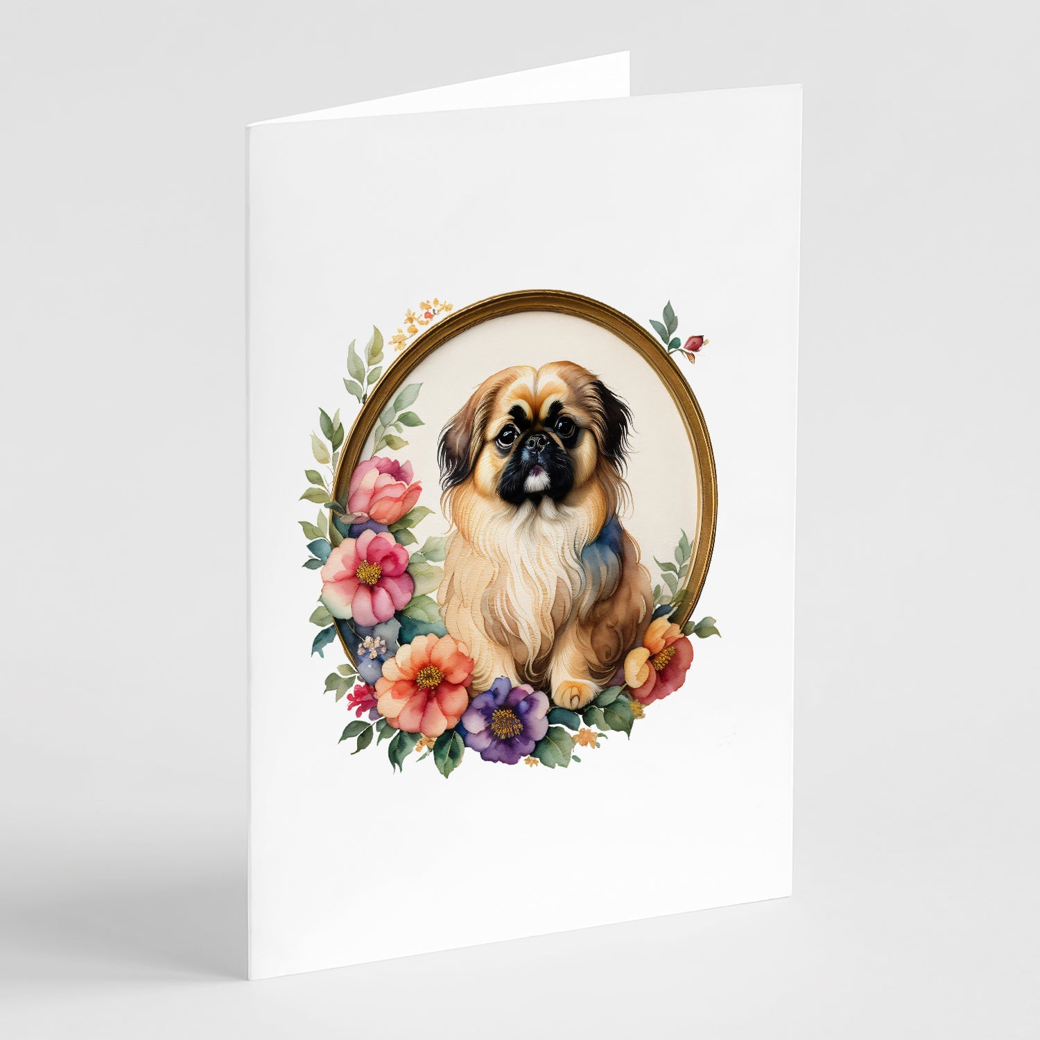 Pekingese and Flowers Greeting Cards Pack of 8 Blank Cards with Envelopes Whimsical A7 Size 5x7