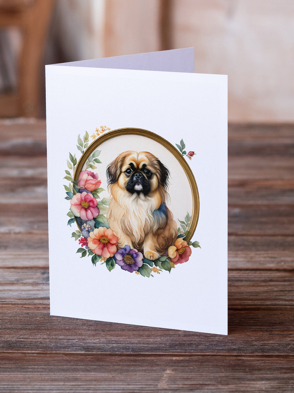 Pekingese and Flowers Greeting Cards Pack of 8 Blank Cards with Envelopes Whimsical A7 Size 5x7