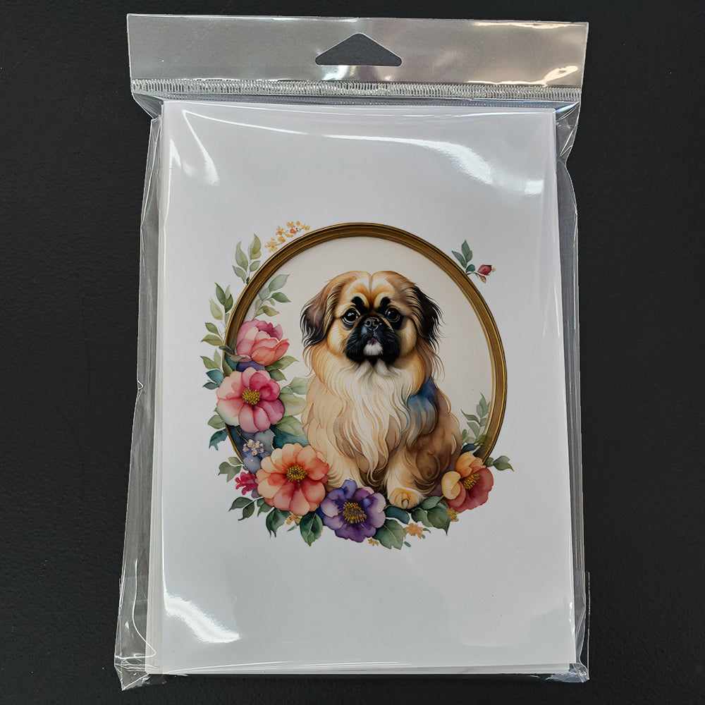 Pekingese and Flowers Greeting Cards Pack of 8 Blank Cards with Envelopes Whimsical A7 Size 5x7