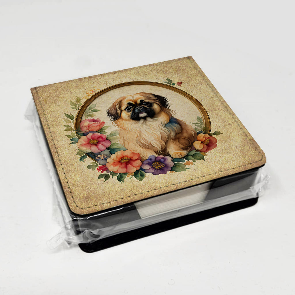 Pekingese and Flowers PU Leather Note Paper Holder with Artist-Designed Cover, Desk Accessory, Office Gift