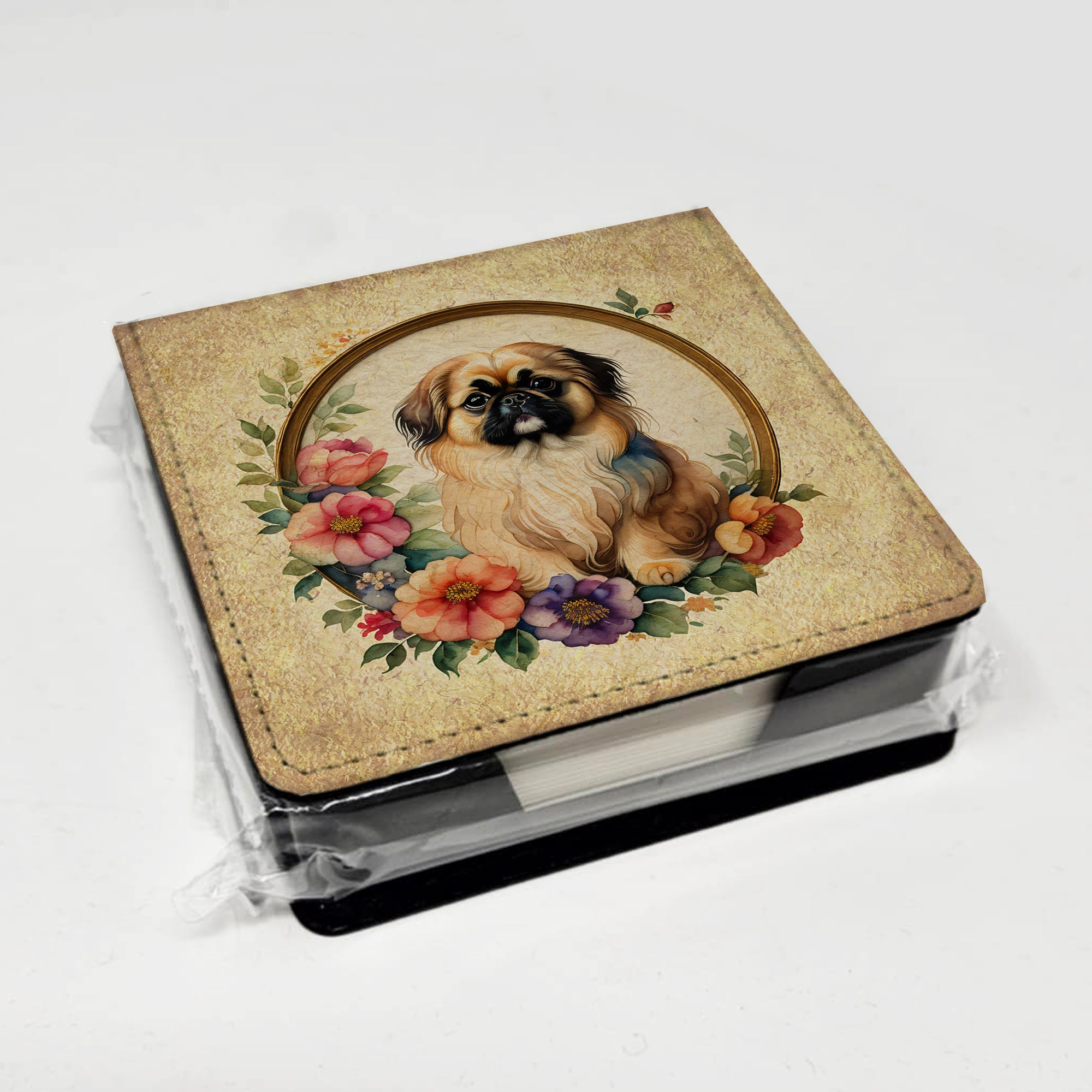 Pekingese and Flowers PU Leather Note Paper Holder with Artist-Designed Cover, Desk Accessory, Office Gift