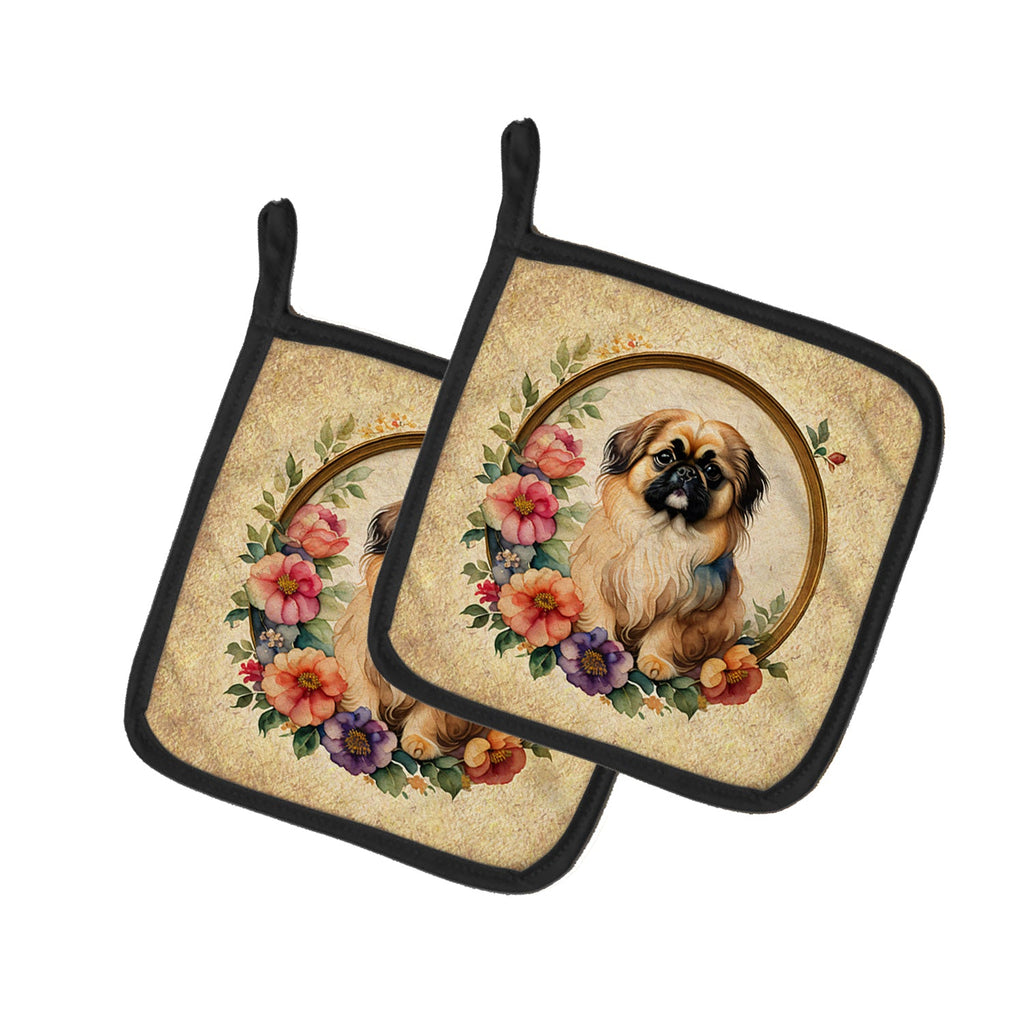 Pekingese and Flowers Pot Holder Set of 2 Heat Resistant Quilted Hot Pads 7.5 x 7.5 Inch, Insulated Kitchen Trivets for Cooking & Baking