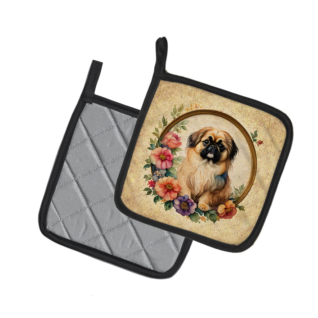 Pekingese and Flowers Pot Holder Set of 2 Heat Resistant Quilted Hot Pads 7.5 x 7.5 Inch, Insulated Kitchen Trivets for Cooking & Baking