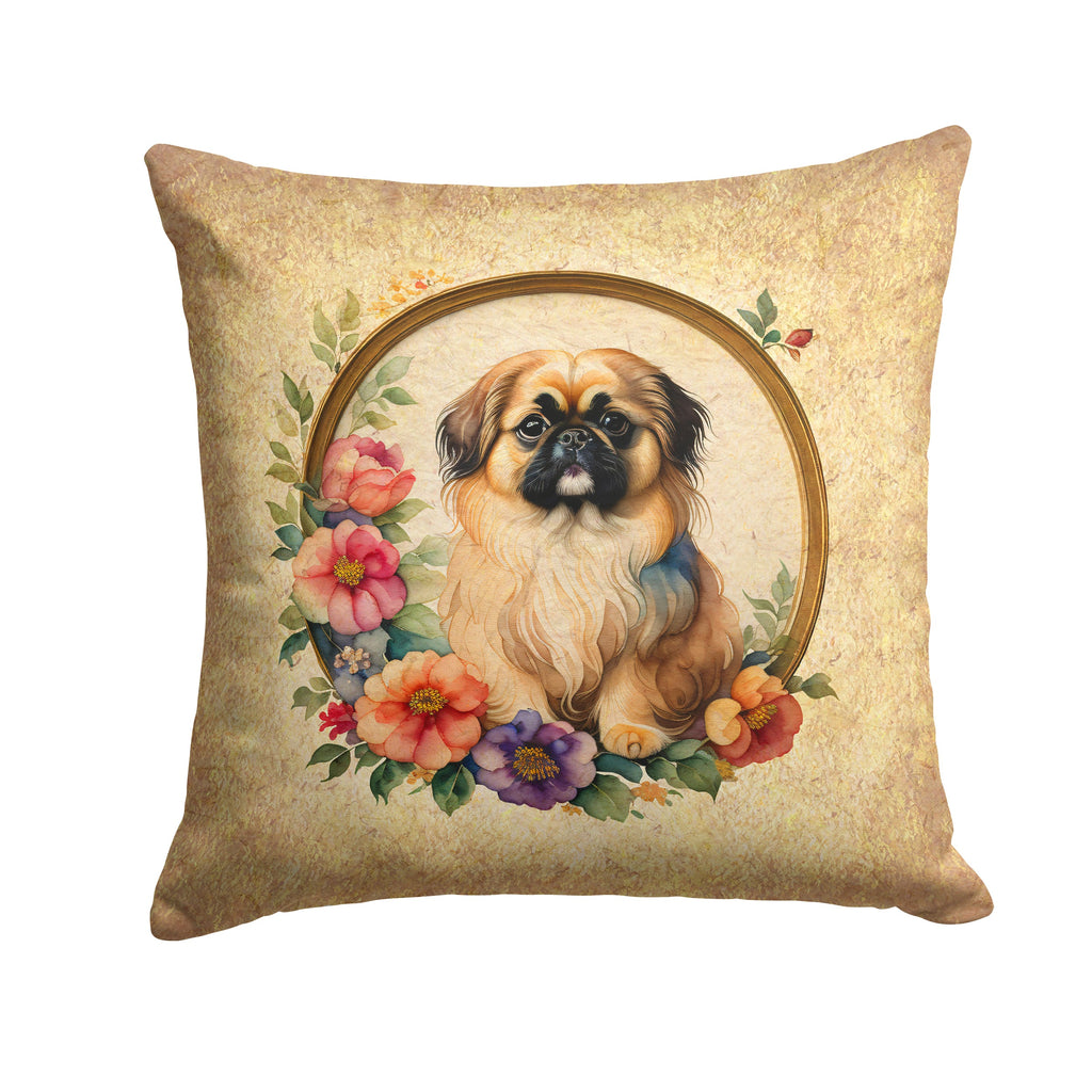 Pekingese and Flowers Decorative Throw Pillow 14x14 Indoor Outdoor Accent Cushion, Fabric Cover with Insert for Sofa, Bed, Porch & Living Room