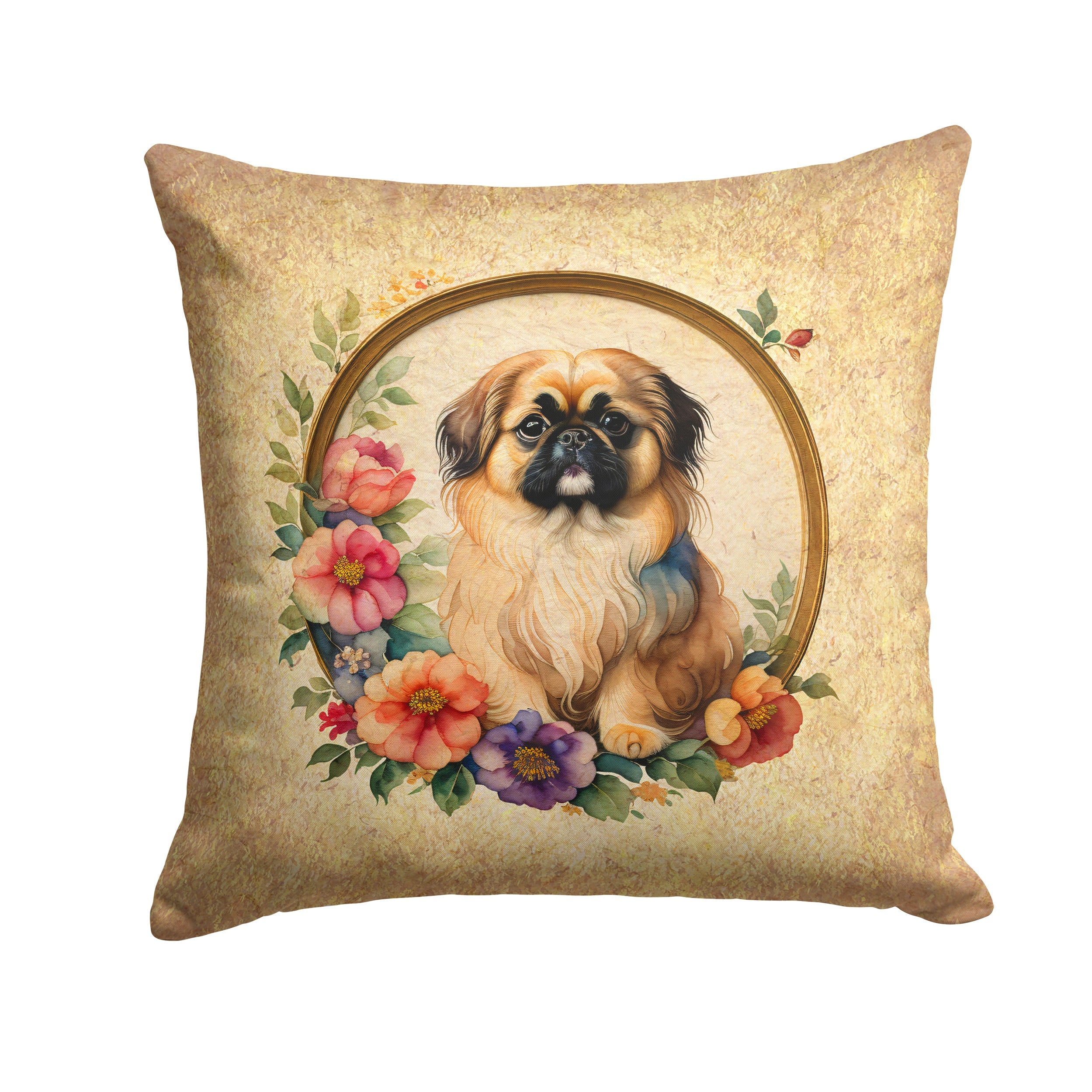 Pekingese and Flowers Decorative Throw Pillow 14x14 Indoor Outdoor Accent Cushion, Fabric Cover with Insert for Sofa, Bed, Porch & Living Room