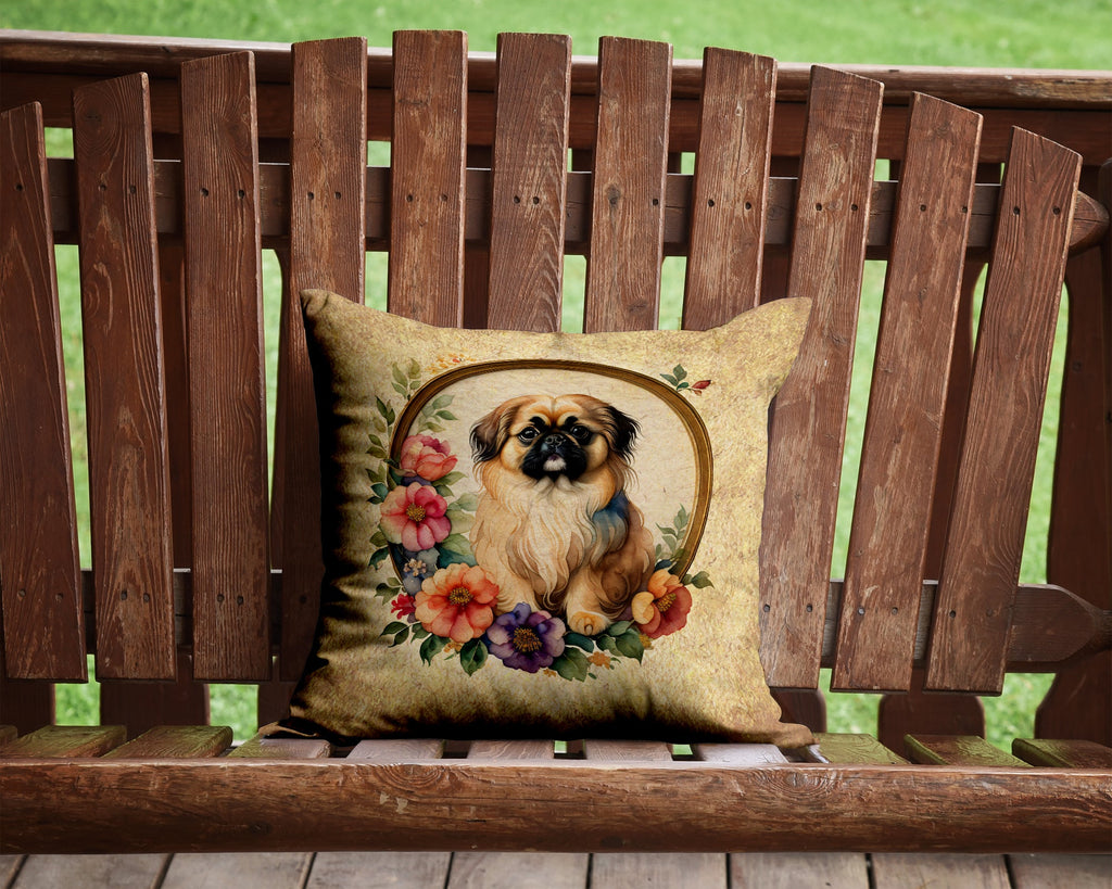 Pekingese and Flowers Decorative Throw Pillow 14x14 Indoor Outdoor Accent Cushion, Fabric Cover with Insert for Sofa, Bed, Porch & Living Room