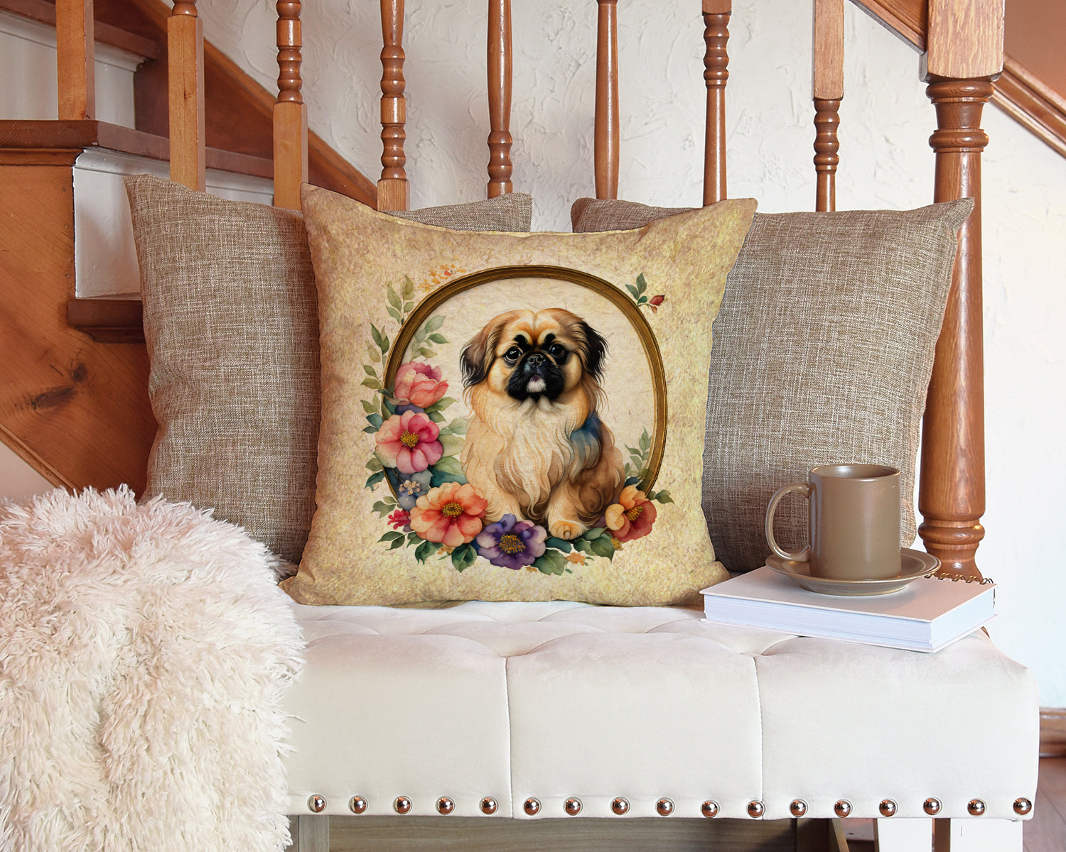 Pekingese and Flowers Decorative Throw Pillow 14x14 Indoor Outdoor Accent Cushion, Fabric Cover with Insert for Sofa, Bed, Porch & Living Room