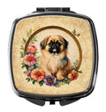 Pekingese and Flowers Compact Mirror Decorative Travel Makeup Mirror for Women Girls Gifts Pocket Makeup Mirror Folding Handheld