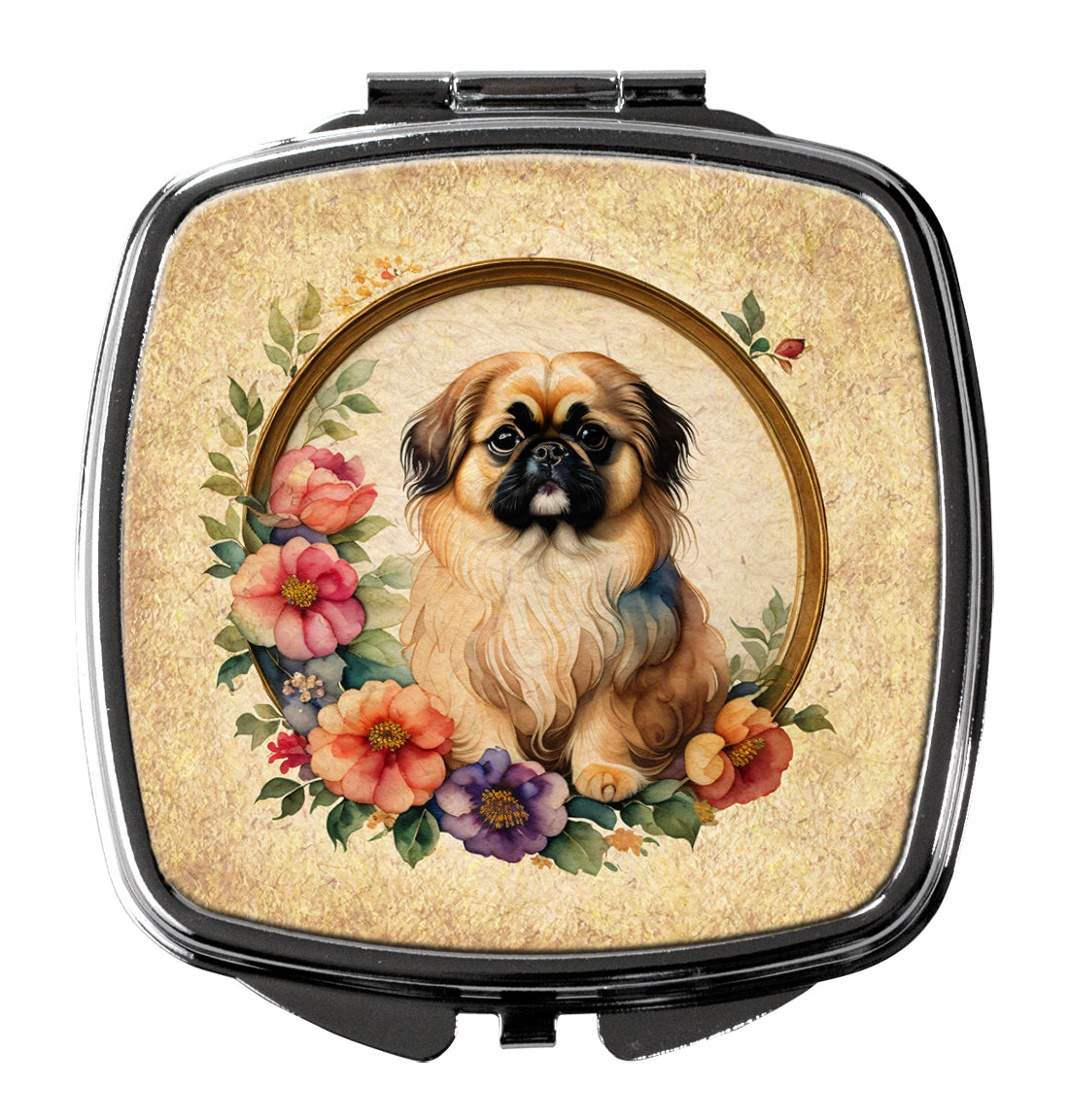 Pekingese and Flowers Compact Mirror Decorative Travel Makeup Mirror for Women Girls Gifts Pocket Makeup Mirror Folding Handheld